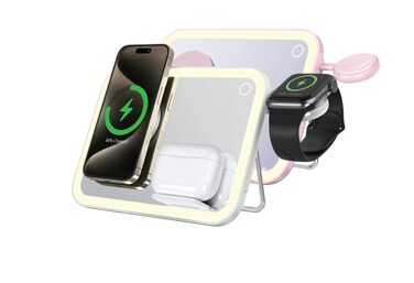 Porodo Multi-Device Wireless Charging Mirror with Lights   MagSafe 10W Output, 3W Watch &amp; Earbuds Charging, Adjustable Stand, LED Night Light, Illuminated Mirror - Pink
