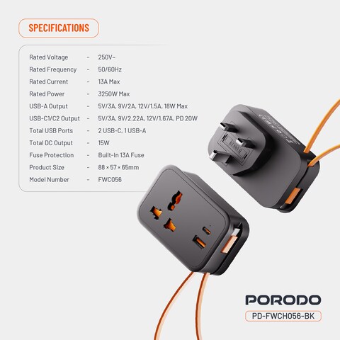 مقبس الحائط العالمي بورودو، مقبس 3 بن UK، مخرج USB-A 18 واط، منافذ USB-C PD 20 واط، قدرة 3250 واط، 15 واط إجمالي مخرج DC، كابل USB-C مدمج 30 سم، حماية بالفيوز، أسود
