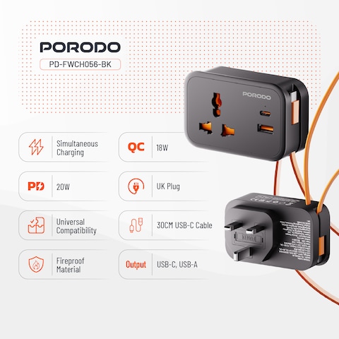 مقبس الحائط العالمي بورودو، مقبس 3 بن UK، مخرج USB-A 18 واط، منافذ USB-C PD 20 واط، قدرة 3250 واط، 15 واط إجمالي مخرج DC، كابل USB-C مدمج 30 سم، حماية بالفيوز، أسود
