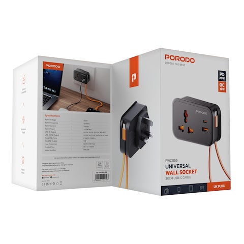 مقبس الحائط العالمي بورودو، مقبس 3 بن UK، مخرج USB-A 18 واط، منافذ USB-C PD 20 واط، قدرة 3250 واط، 15 واط إجمالي مخرج DC، كابل USB-C مدمج 30 سم، حماية بالفيوز، أسود
