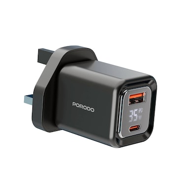 Porodo Dual-Port Wall Charger, 35W Max Output, USB-C &amp; USB-A Ports, GaN Technology, Built-in Safeguards, Digital Display, 3-Pin UK Plug, Black
