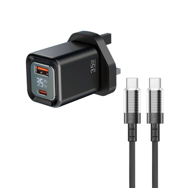 Porodo Dual-Port Wall Charger, GaN Technology, 35W Max Output, USB-C &amp; USB-A Ports, Built-in Safeguards, Digital Display, 1.2m Type-C to Lightning Cable, 3-Pin UK Plug, 100-240V, Black






