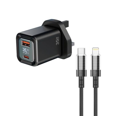 شاحن الحائط ذو المنفذين من بورودو، خرج 35 واط كحد أقصى، منافذ USB-C و USB-A، تكنولوجيا GaN، حماية مدمجة، شاشة رقمية، قابس ثلاثي المملكة المتحدة، كابل Type-C إلى Lightning، أسود
