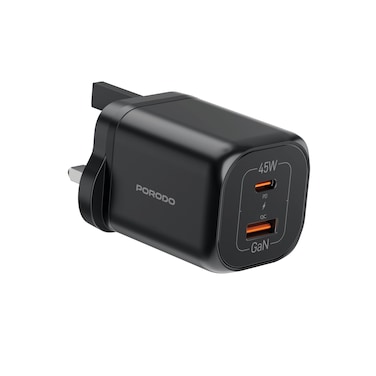 Porodo Dual USB-C Wall Charger, GaN Technology, 45W Max Output, USB-A &amp; USB-C Ports, Simultaneous Charging, Built-in Safeguards, 3-Pin UK Plug, 110-240V Rated Voltage, Black
