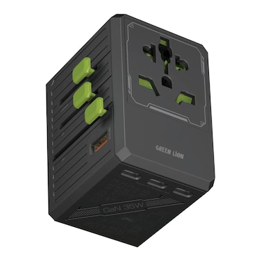 Green Lion GaN Adapter 35W, 6-in-1 Universal Travel Charger, 2500W Max Power, PD 35W Fast Charging, Dual Fuse Protection, Compact &amp; Safe Design, Includes Carrying Pouch - Black
