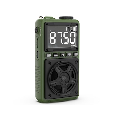 راديو محمول Green Lion Voyager مزود بمكبر صوت بلوتوث، راديو FM/AM/SW، بطارية 1250 مللي أمبير/ساعة، وقت تشغيل من 6 إلى 7 ساعات، شحن من النوع C، بلوتوث V5.4، مصباح يدوي 1.2 واط، شاشة رقمية