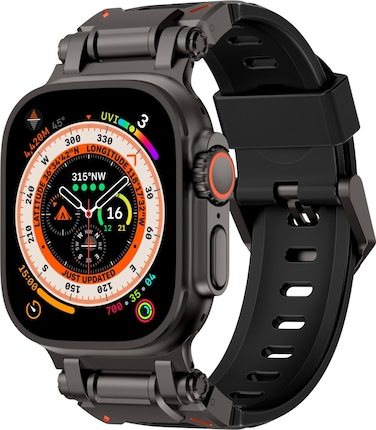 Levelo Kyoto Watch Strap, Hypoallergenic Fluoro Rubber, Metal Mesh for Breathability, Sweat &amp; Water Resistant, Chemical Resistant, Compatible with Apple Watch SE &amp; Series 9/8/7/6/5 - Black