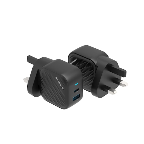 Powerology Gan Dual-Port Wall Charger, USB C Output PD 45W, USB A Output 18W Max, Rated Voltage AC 100 to 240V, Rated Current 1.2A Max, Rated Frequency 50 60Hz, Universal Compatibility, Black
