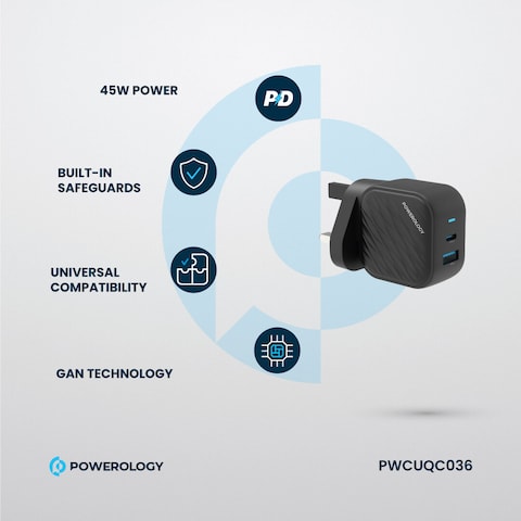Powerology Gan Dual-Port Wall Charger, USB C Output PD 45W, USB A Output 18W Max, Rated Voltage AC 100 to 240V, Rated Current 1.2A Max, Rated Frequency 50 60Hz, Universal Compatibility, Black
