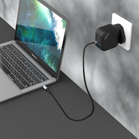 Powerology Gan Dual-Port Wall Charger, USB C Output PD 45W, USB A Output 18W Max, Rated Voltage AC 100 to 240V, Rated Current 1.2A Max, Rated Frequency 50 60Hz, Universal Compatibility, Black
