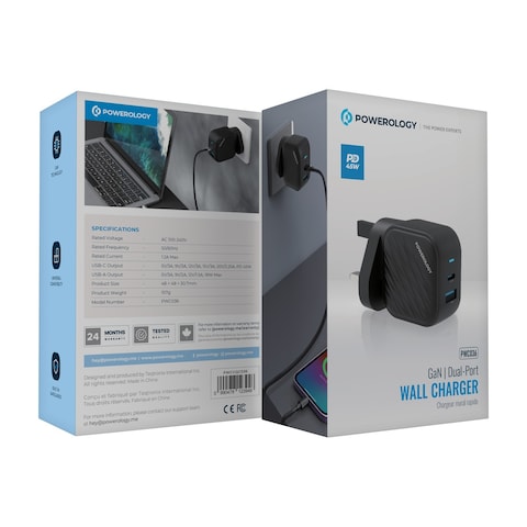 Powerology Gan Dual-Port Wall Charger, USB C Output PD 45W, USB A Output 18W Max, Rated Voltage AC 100 to 240V, Rated Current 1.2A Max, Rated Frequency 50 60Hz, Universal Compatibility, Black
