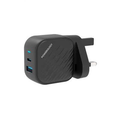 Powerology Gan Dual-Port Wall Charger, USB C Output PD 45W, USB A Output 18W Max, Rated Voltage AC 100 to 240V, Rated Current 1.2A Max, Rated Frequency 50 60Hz, Universal Compatibility, Black
