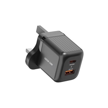 شاحن جداري جرين ليون صغير بتقنية GAN، دبوس المملكة المتحدة، منفذا USB A وUSB C، قدرة 20 واط PD، 18 واط QC 3.0، جهد 100 إلى 240 فولت، مادة PC مقاومة للهب، حماية الشحن، أسود
