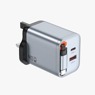شاحن حائط بورودو GaNPremium مع قابس المملكة المتحدة PD 40W مع 33W PPS Power Delivery، منافذ USB-A وUSB-C، كابل قابل للسحب 70 سم، مادة مقاومة للحريق PC، مدخل جهد عالمي (100-240V)
