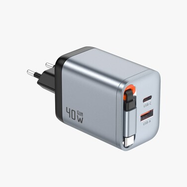 Green Lion GaN Premium EU Plug Wall Charger 40W, Type-C and USB-A Ports, PD 40W Fast Charging, 70cm Retractable Cable, Flame Retardant PC Construction, 100-240V Input, Universal Compatibility, Black

