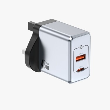 Green Lion GaNPremium UK Plug Wall Charger PD 45W, Input 100-240V, 50/60Hz, PC Flame Retardant Material, PPS 44.55W PD Power Delivery, USB-A &amp; USB-C Port, QC 3.0 30W Output, PD 40W Output - UK Plug