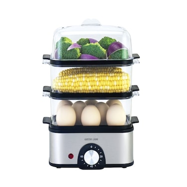 Green Lion 3-Tier Egg Cooker and Vegetable Steamer 500W with 500mL Water Reservoir 16 Egg Capacity Stainless Steel Heating BPA Free Plastic Trays UK Plug Rotary Knob Light Indicator - Gray
