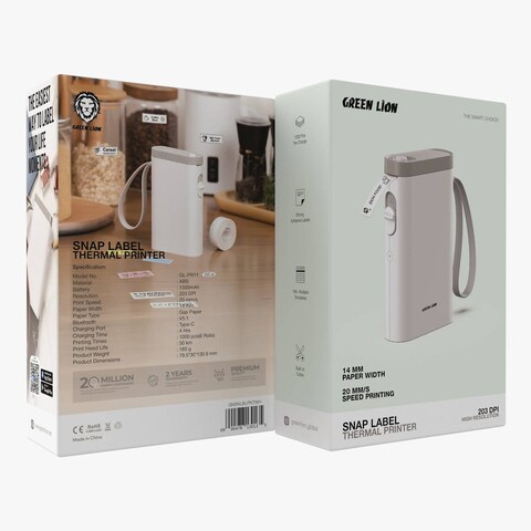 طابعة Green Lion Snap Label الحرارية، دقة 203 نقطة في البوصة، سرعة طباعة 20 مم/ث، قطع مدمج، بطارية 1300 مللي أمبير، Bluetooth V5.1، عرض ورقة 14 مم، 1000 ملصق لكل شحنة، أبيض
