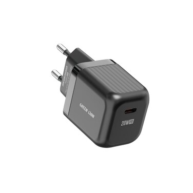 شاحن جداري فائق الصغر بتقنية GaN من جرين ليون، دبوس EU، إخراج PD 20W، إخراج USB-C، شحن سريع، مادة PC مقاومة للاشتعال، حماية الشحن، مدخل AC100-240V، 0.5A كحد أقصى، أسود
