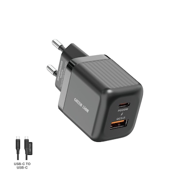شاحن جداري Green Lion Ultra Compact GaN، شحن سريع 20W PD، 18W QC3.0، 15W منفذ مزدوج، منافذ USB-C و USB-A، توافق عالمي، مادة مقاومة للاشتعال، أسود
