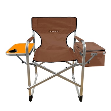 Porodo Lifestyle Outdoor Folding Director Chair, 600DPE Oxford Fabric, Aluminum Frame, Reinforced Silver Oxidation Surface, Detachable Fabric Armrest, 120kg Max Load, Built-In Cup Holder, Brown
