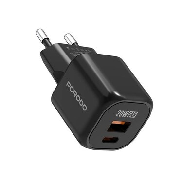 Porodo Dual-Port Wall Charger, USB-C 20W &amp; USB-A 18W Outputs, Simultaneous Charging, Overheat Protection, 2-Pin EU Plug, 100-240V Rated Voltage, Black
