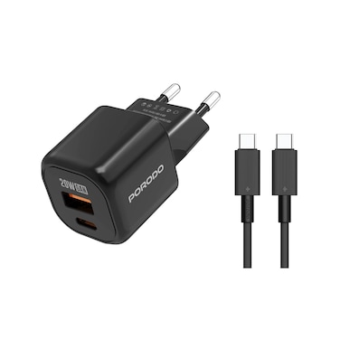 Porodo Dual-Port Wall Charger, USB-C and USB-A Outputs, 20W USB-C Power, 18W QC USB-A, 1.2m USB-C to USB-C Cable, Overheat Protection, EU Plug, Black

