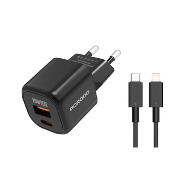 Porodo Dual-Port Wall Charger, USB-C 20W &amp; USB-A 18W Outputs, Simultaneous Charging, Overheat Protection, Type-C to Lightning Cable Included, 2-Pin EU Plug, 100-240V Rated Voltage, Black
