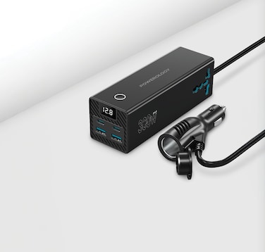 Powerology 2 AC Universal Car Power Inverter, 300W Max Output, 2 USB-C PD Ports (36W), 2 USB-A QC 3.0 Ports (24W), Power Info Display, Black
