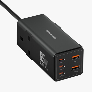 Green Lion 7 In 1 GaN 65W Power Strip, 3 Type-C Ports, 2 USB-A Ports, Safety Shutters, PC Flame Retardant Material, 1.8m Power Cord, Max Power 3250W, Black
