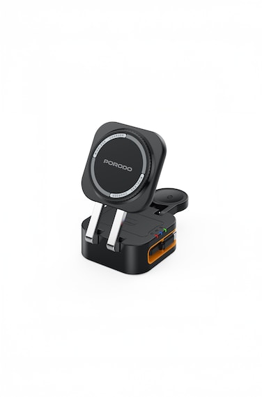 Porodo Pocket-Sized Folding Wireless Charger, 5W-15W Output Options, Integrated Charging Cable, Telescopic Charging Pad, Multi-Device Charging, 9V/3A, 12V/1.5A Input, Black
