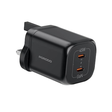 Porodo Dual USB-C Wall Charger, 45W Max Output, GaN Technology, Dual USB-C Ports, 3-Pin UK Plug, Built-in Safeguards, Fast Charging Support, AC 110-240V, Black

