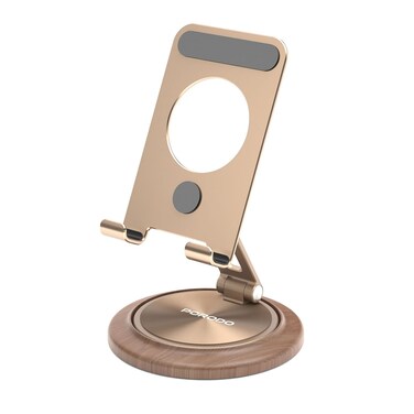 حامل الهاتف والتابلت دوار 360° من بورودو، سبائك الألومنيوم، وسادة سيليكون، خشب الجوز، زاوية مشاهدة مرنة، قاعدة مستقرة وغير قابلة للانزلاق، تصميم قابل للطي، وزن 158 جرام، ذهبي
