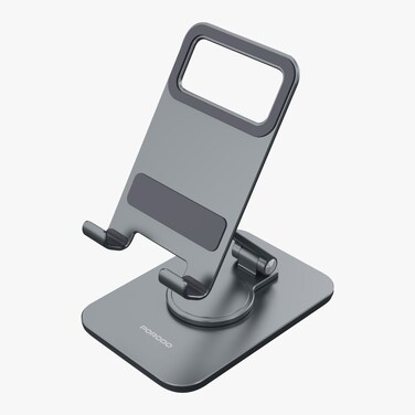 Porodo Aluminum Stand Mobile &amp; Tablet, Adjustable Angle, Rotating Base, Aluminum Alloy + Silicone, Stable &amp; Non-Slip Base, 115x75x33mm Folded Size, 133g Weight, Gray
