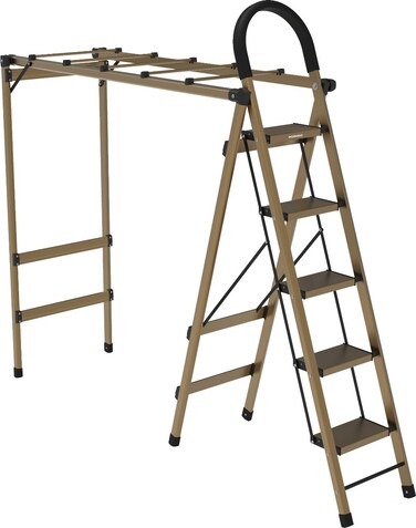 سلم بوردو لايفستايل المكون من 5 خطوات وحامل الملابس، تصميم قابل للطي، أقصى ارتفاع للسلم 108.5 سم، سعة رف تجفيف 50 كجم، سعة السلم 90 كجم، سلم قوي، تخزين قابل للطوي، شامباني
