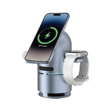 محطة شحن باورولوجي Qi2 مع مكبر صوت بلوتوث مدمج، بطارية 1000 مللي أمبير، قاعدة شحن قابلة للطي، لوحة دوارة، مخرجات متعددة للأجهزة الهاتف، الساعة الذكية، السماعات - رمادي
