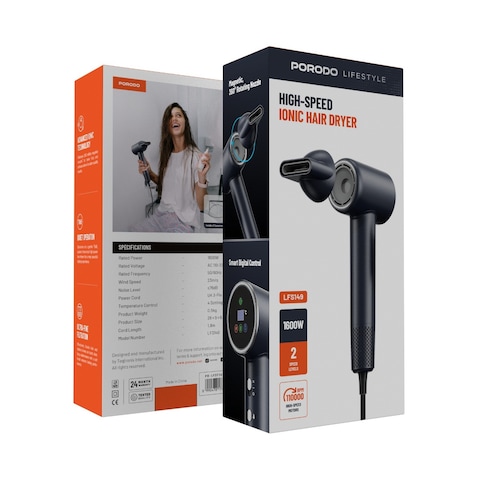 Porodo Lifestyle High-Speed Ionic Hair Dryer, 4 Temperature Settings, Brushless BLDC Motor, 1600W Power, UK 3-Pin Plug, 23m/s Wind Speed, Quiet Operation, Black
