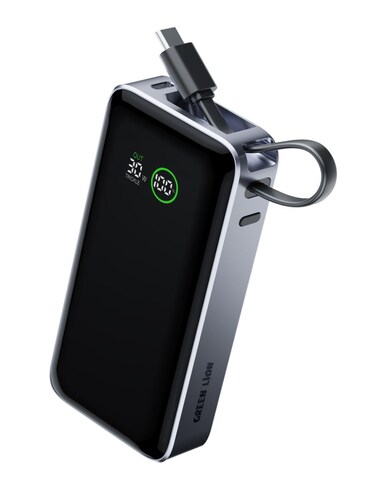 باور بانك جرين لاين مدريد 10 بسعة 10000mAh، خرج PD بقوة 35 واط عبر منفذ وكابل Type C، مخرج USB A بقوة 22.5 واط، مدخل PD بقوة 20 واط، كابل مدمج، هيكل ABS وPC، معتمد للسفر، شحن آمن، رمادي
