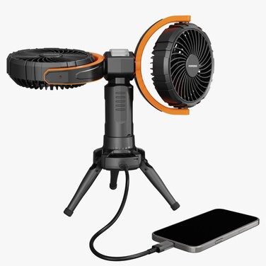 Porodo Lifestyle Dual-Head Oscillating Fan, 8000mAh Battery, 270&deg; Automatic Oscillation, 4 Fan Speeds, 360&deg; Head Rotation, USB-C Charging, LED Brightness, Folding Tripod Base, Black
