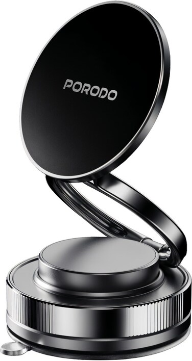 Porodo Vacuseal Vacuum Suction Folding Magnetic Mount Holder, Double-layer NS4 Magnet, One-Handed Operation, Strong Magnetic Hold, 360 Degree Rotating Base, Strong Suction, Black
