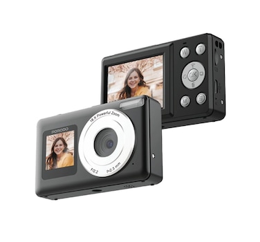 كاميرا رقمية مزودة بشاشتين من Porodo Lifestyle، تكبير رقمي 18x، دقة صورة 48MP، فيديو 4K، شاشة IPS HD مقاس 2.4 بوصة، تركيز تلقائي، شحن USB-C، بطارية 800mAh، وقت تشغيل 100 دقيقة – أسود
