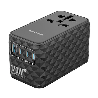 Powerology GaN 170W Universal Charger, 2500W Rated Power, 4 Ports (USB-A1, USB-C1, USB-C2, USB-C3), Fast Charging (0% to 60% in 35 Minutes), GaN Technology, Wide Compatibility, Spare Fuse Included