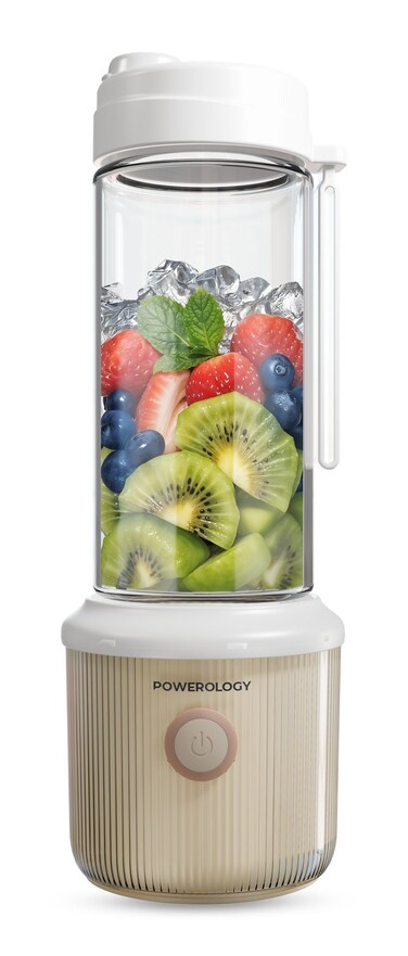 Powerology Press &amp; Refresh Portable Blender 126W, 450mL Capacity, 16500 RPM Motor, 2500mAh Dual Battery, Type-C Rechargeable, Sharp Steel Blades &ndash; White
