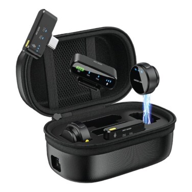 Green Lion GM-85X 3 In 1 Wireless Microphone, Type-C Lightning Camera Receivers, 360&deg; Omnidirectional Mic, 1000mAh Case, 40m Range, Low Latency, Leather Case, Black
