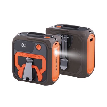 Porodo Lifestyle Multifunction Cooling Waist Fan, 10000mAh Battery, Up to 40H Working Time, USB Output 5V/2A, 4H Recharge Time, Built-In Flashlight, Powerful Wind, Digital Display, Brown/Orange
