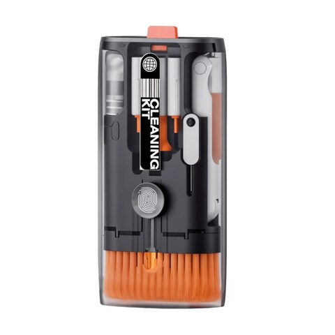 Porodo Lifestyle 11-IN-1 Multipurpose Cleaning Kit, Compatible with Phones, Tablets, Laptops, Keyboards, Cameras &amp; Earbuds, Flocking Sponge Lens Cleaner, Safe for Delicate Surfaces, Black
