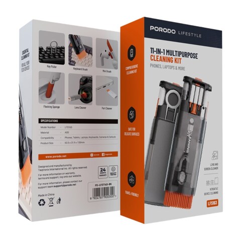 Porodo Lifestyle 11-IN-1 Multipurpose Cleaning Kit, Compatible with Phones, Tablets, Laptops, Keyboards, Cameras &amp; Earbuds, Flocking Sponge Lens Cleaner, Safe for Delicate Surfaces, Black

