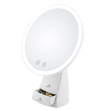 Porodo Vanity Makeup LED Illuminated Mirror, Adjustable Brightness, 3 Light Colors, 2000mAh Battery, USB-C Charging, Built-in Dual Storage Drawer &ndash; White/Rose Gold
