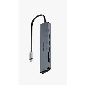 محور USB-C من Green Lion 7 في 1، 3 منافذ USB-A، HDMI، منفذ PD، دقة 4K@30Hz، إدخال بطاقة SD و TF، نقل بيانات بسرعة 5 جيجابت في الثانية، طلاء ألمنيوم، طول الكابل 16.7 سم