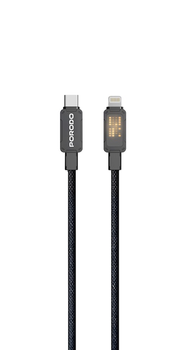 كابل بورودو USB-C إلى Lightning، شحن سريع ونقل بيانات، مزامنة بيانات بسرعة 480 ميجابت في الثانية، مرونة عالية تتجاوز 15,000 انحناءة، قدرة كهربائية 27 وات، طول كابل 1 متر، أضواء LED المتدفقة، أسود
